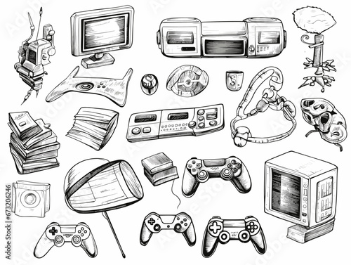 Drawing of Gaming gadgets computer play technologies icons illustration separated, sweeping overdrawn lines.
