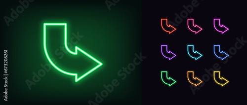Outline bended neon arrow icon set. Glowing neon curved arrow pointer, bent arrowhead sign. Rounded arrow, turning cursor, bended navigation pointer, rotate motion direction. Vector icon set