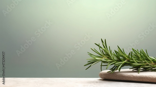 Fresh Organic Rosemary Leaves With Copy Space Green Background Defocused photo