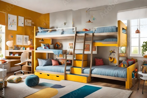 Let your child's imagination soar in this cheerful and colorful kids' room, where a playful bunk bed in sunny yellow and serene sky blue sets the stage for endless adventures and fun.