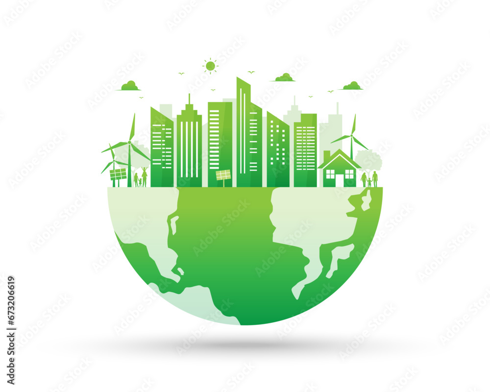 green ecology environment sustainable renewable energy cityscape on the world. save the world with eco-friendly. vector illustration in modern design. green ecology environment sustainable renewable energy cityscape on the world. save the world with eco-friendly. vector illustration in modern design.
