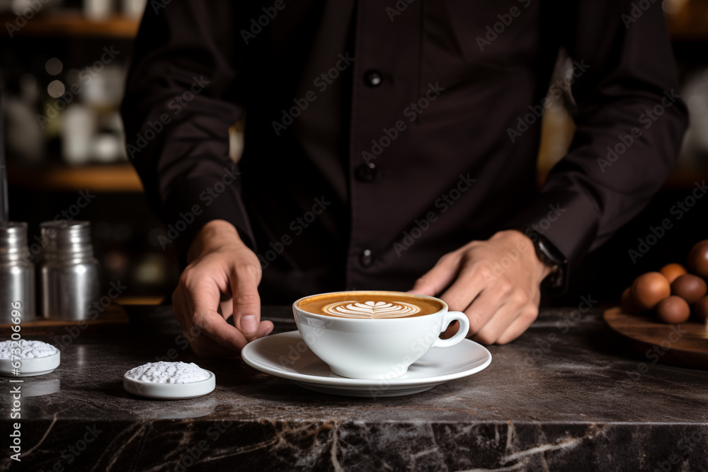Closeup barista serving coffee at bar counter. Generative AI Closeup barista serving coffee at bar counter. Generative AI