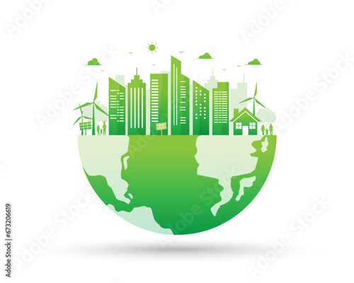 green ecology environment sustainable renewable energy cityscape on the world. save the world with eco-friendly. vector illustration in modern design.