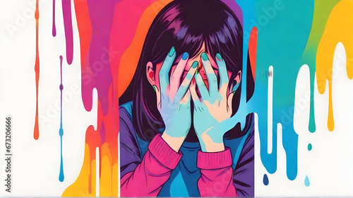 the girl hides her face with her hands and peeks into the gap between her fingers. a colorful vivid background. An illustration of Specific phobia isolated on white. Mental health concept