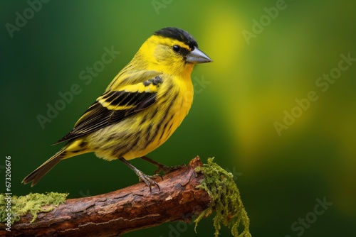 A Majestic Yellow and Black A male siskin Bird Perched on a Rustic Branch Created With Generative AI Technology © Karlaage