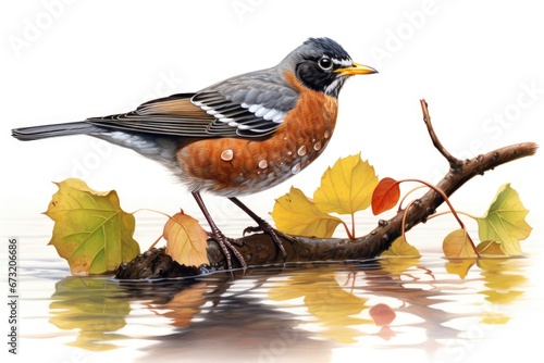 A Serene Moment: American Robin Bird Perched on Branch Reflecting in Water Created With Generative AI Technology