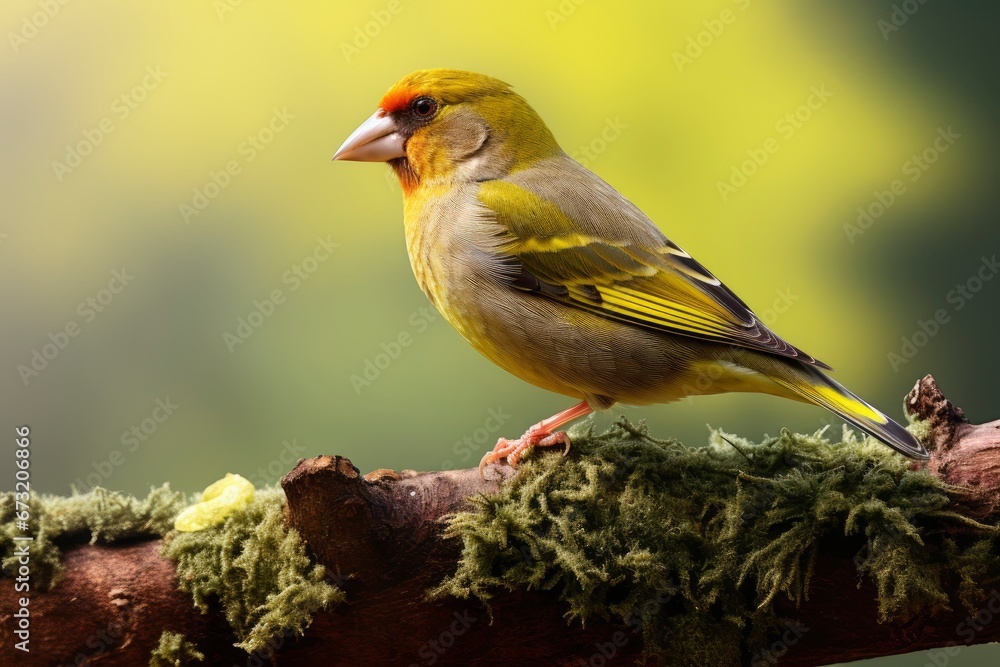 A Serene Moment: Small European greenfinch Bird Perched on Mossy Branch Created With Generative AI Technology