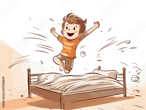 Drawing of happy cute little kid boy jump on bed illustration separated, sweeping overdrawn lines.