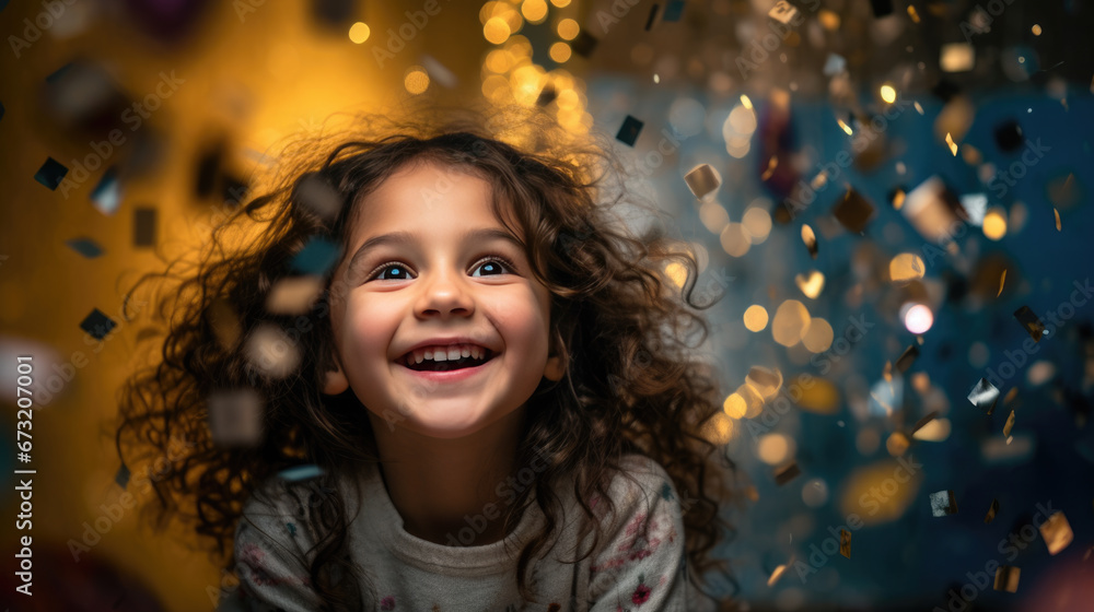 A joyful young girl with curly hair and a radiant smile is surrounded by floating golden confetti against a vibrant bokeh background. A joyful young girl with curly hair and a radiant smile is surrounded by floating golden confetti against a vibrant bokeh background.