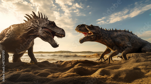 Giant prehistoric dinosaurs fighting on sandy beach. Generative AI © Nomad_Soul