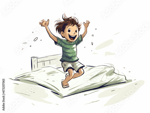 Drawing of happy cute little kid boy jump on bed illustration separated, sweeping overdrawn lines.
