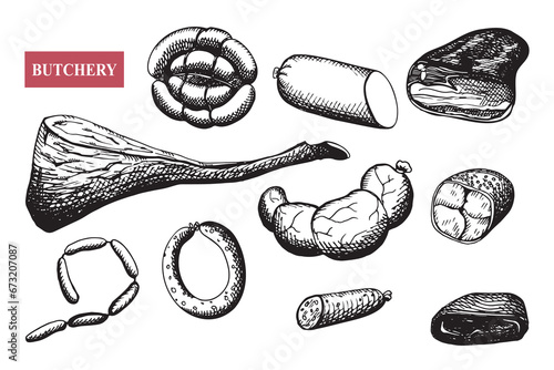 Sausages hand drawn. Engraved vector illustration smoked meat products isolated background. Vintage sketch of bacon, sausages, jamon, basturma, salami. Tasty meal, delicious snacks, butchery products