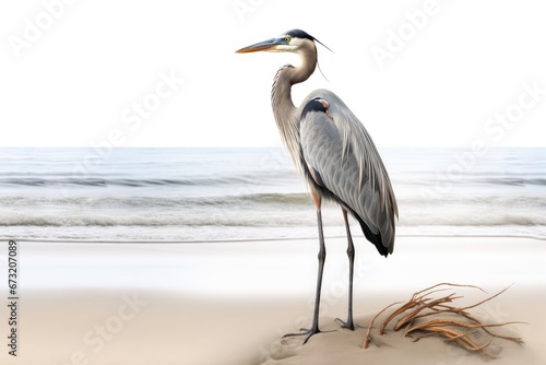 A Majestic Great blue heron Surveying the Vast Sandy Shoreline Created With Generative AI Technology