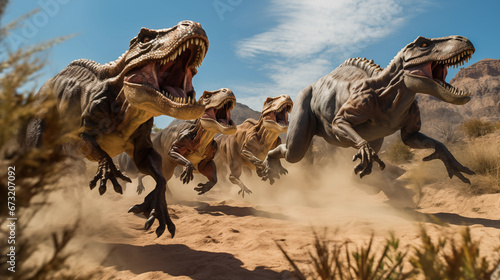 Roaring carnivorous dinosaurs flock of hunters running fast. Generative AI