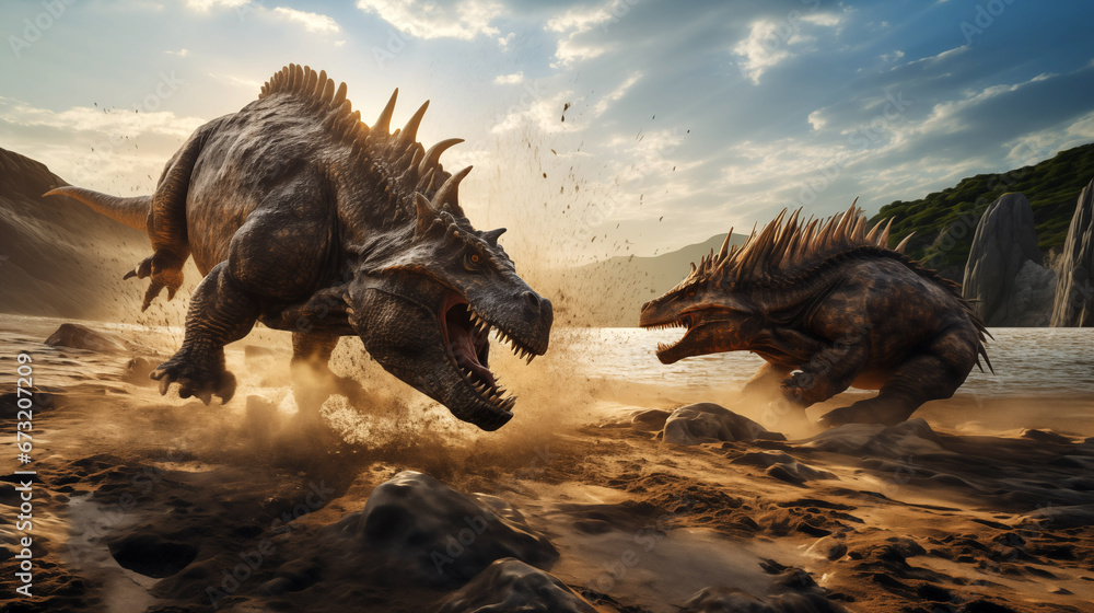 Obraz premium Giant prehistoric dinosaurs fighting on sandy beach. Generative AI