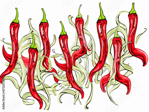 Drawing of Hot chilli peppers with one standing out as different illustration separated, sweeping overdrawn lines.