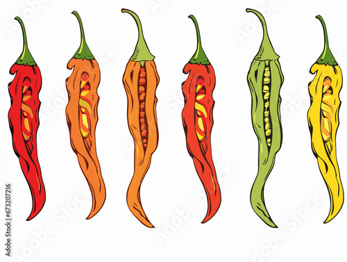 Drawing of Hot chilli peppers with one standing out as different illustration separated, sweeping overdrawn lines.