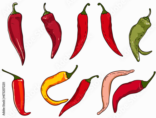 Drawing of Hot chilli peppers with one standing out as different illustration separated, sweeping overdrawn lines.