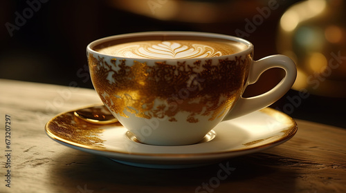 A Cup of Beautiful Cappuccino The Cup is White With Gold Patterns Printed on It With Heart Selective Focus Background