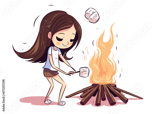Drawing of Illustration of isolated camping girl roasting marshmallows illustration separated, sweeping overdrawn lines.