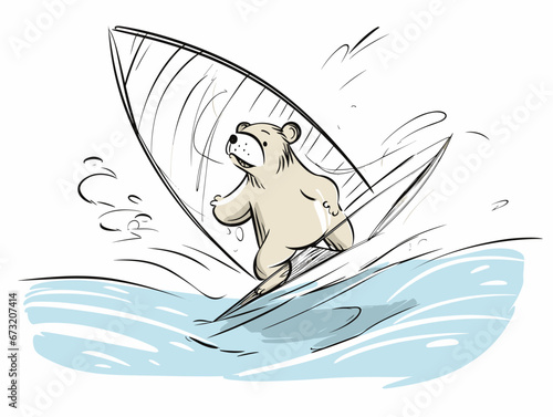 Drawing of Illustration of isolated cute bear wind surfing on white illustration separated, sweeping overdrawn lines.