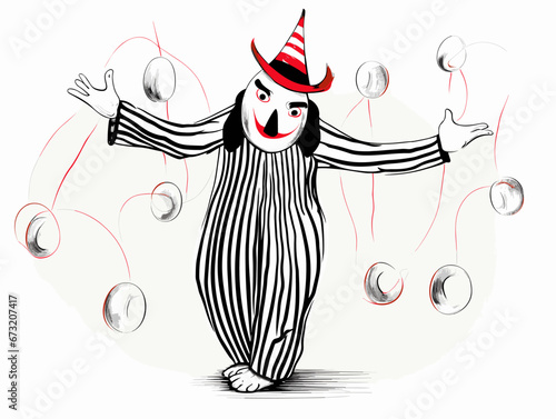 Drawing of Illustration of isolated clown penguin juggling on white illustration separated, sweeping overdrawn lines.