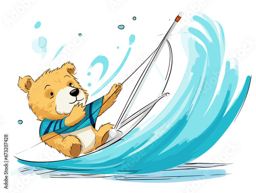 Drawing of Illustration of isolated cute bear wind surfing on white illustration separated, sweeping overdrawn lines.