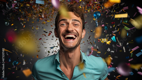 Portrait of happy man under colorful confetti rain. Generative AI