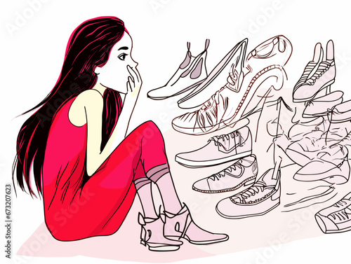 Drawing of Illustration of isolated girl thinking to buy shoes illustration separated, sweeping overdrawn lines.