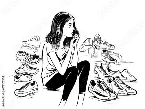 Drawing of Illustration of isolated girl thinking to buy shoes illustration separated, sweeping overdrawn lines.