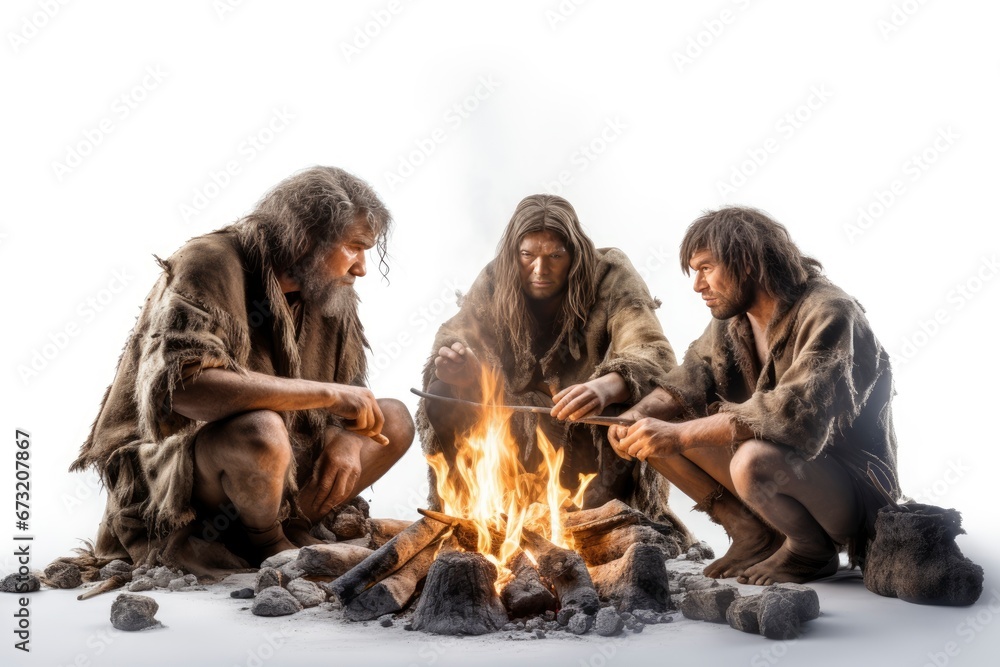 Three Neanderthal Friends Sharing Stories and Warmth Around a Cozy Campfire Created With Generative AI Technology