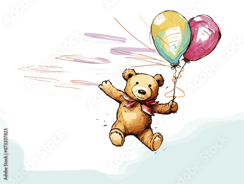 Drawing of Illustration of isolated teddy bear flies with balloon illustration separated, sweeping overdrawn lines.