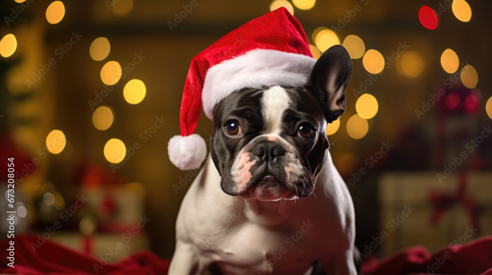 A brindle French Bulldog sitting among red-wrapped Christmas gifts under a decorated Christmas tree with lights and ornaments.