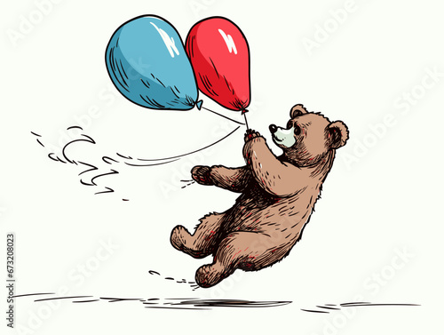 Drawing of Illustration of isolated teddy bear flies with balloon illustration separated, sweeping overdrawn lines.