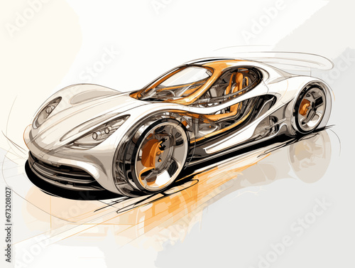 Drawing of Industrial designer car design illustration separated, sweeping overdrawn lines.