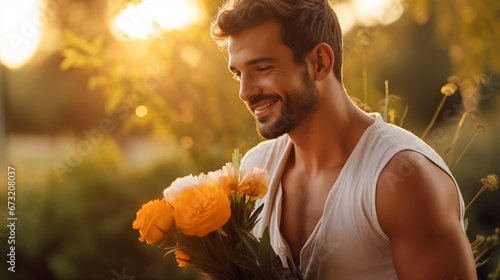 Handsome man with perfect body holding flower bouquet. Generative AI