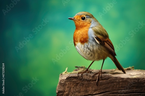A Tiny Robin redbreast Bird Resting on a Rustic Wooden Perch Created With Generative AI Technology © Karlaage