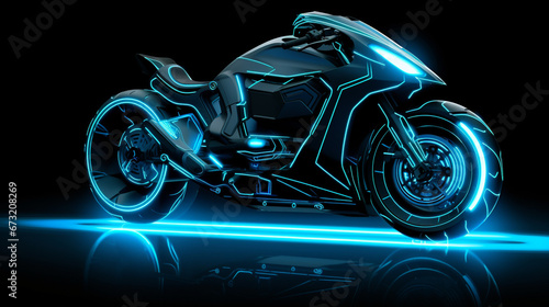 A futuristic motorcycle with dark color  neon lights  and a sci-fi style  represents the transport of the future. 