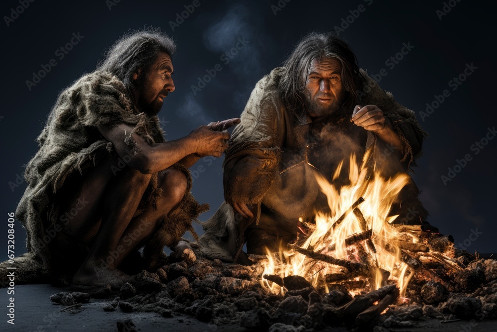 Two Neanderthal  Men Enjoying a Cozy Evening by the Campfire Created With Generative AI Technology