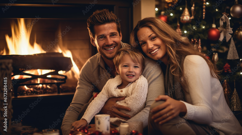 Happy family celebrates Christmas at their home with a Christmas tree and fireplace in the background Happy family celebrates Christmas at their home with a Christmas tree and fireplace in the background