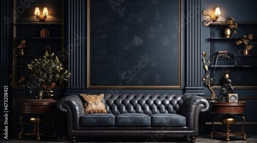 Modern interior design for home, office, interior details, upholstered furniture against the background of a dark classic wall. © Emil