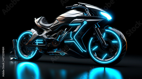 A futuristic motorcycle with dark color, neon lights, and a sci-fi style, represents the transport of the future. 