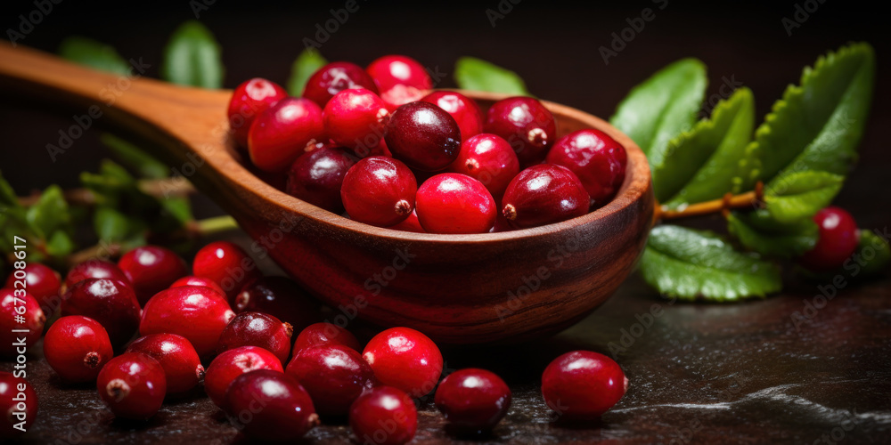 Cranberries in spoon on wooden table. Cranberries in spoon on wooden table.