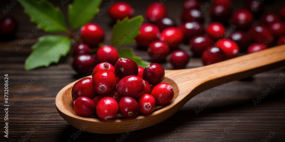 Cranberries in spoon on wooden table. Cranberries in spoon on wooden table.