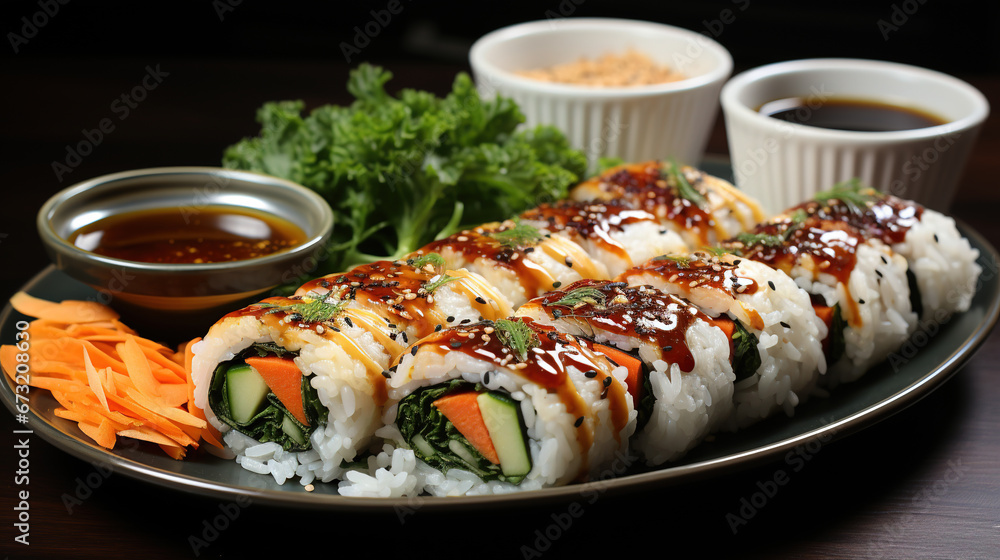 Kimbap - Rice Rolls Filled with Vegetables Meat and Pickled Radish Similar to Sushi Rolls on Blurred Background Kimbap - Rice Rolls Filled with Vegetables Meat and Pickled Radish Similar to Sushi Rolls on Blurred Background