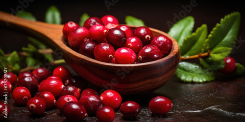 Cranberries in spoon on wooden table.