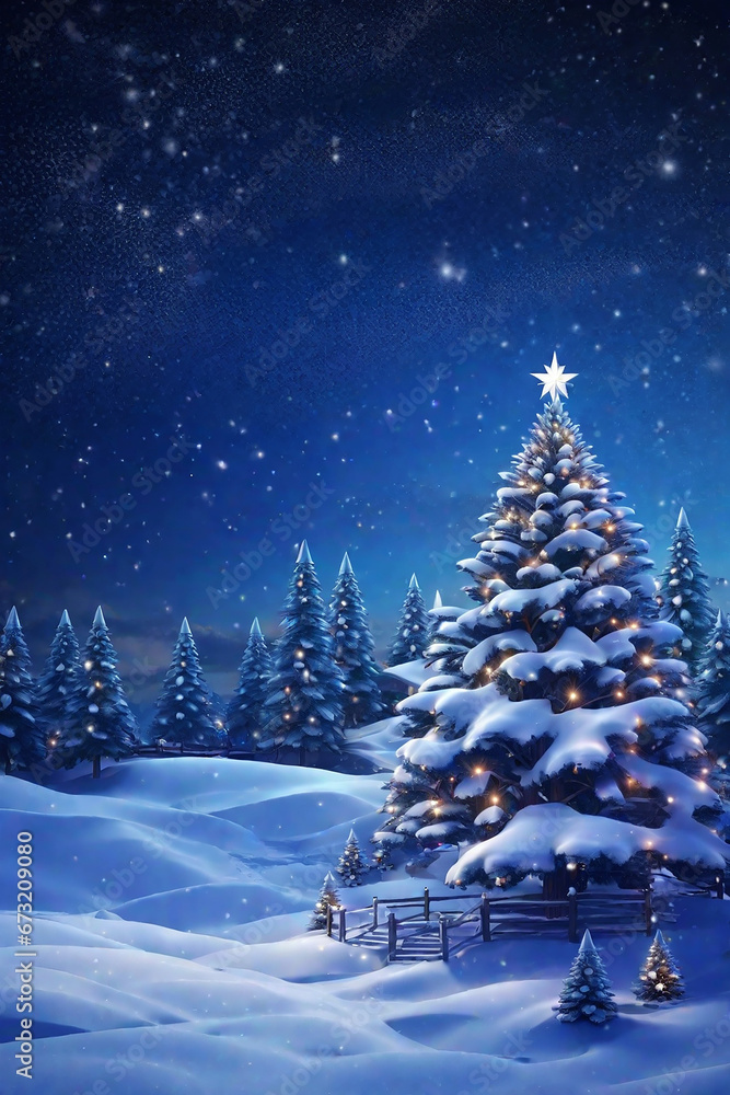 Fantastic winter landscape with christmas tree. Christmas background with christmas tree, snow and stars. 