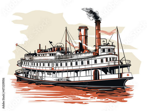 Drawing of Large steamboat retro illustration separated, sweeping overdrawn lines.