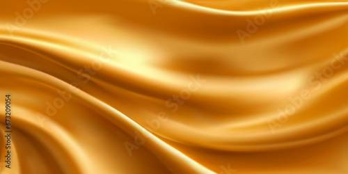 Golden silk fabric texture. Realistic vector background of satin glossy cloth with abstract waves and ripples. Luxury cloth or liquid wave