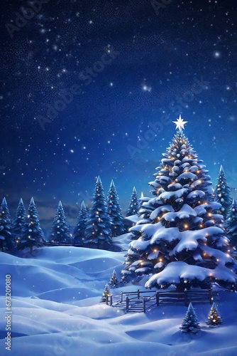 Fantastic winter landscape with christmas tree. Christmas background with christmas tree, snow and stars. 